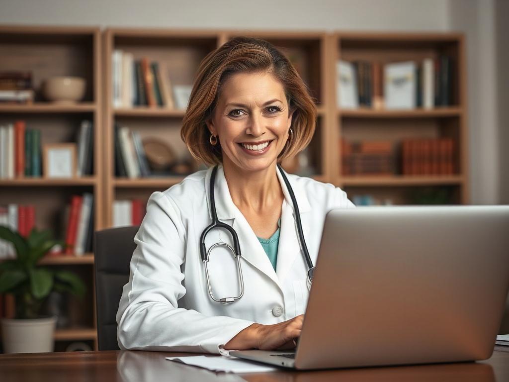 Prompt:

Create a realistic high-resolution image that encapsulates the concept of working with a Weight Loss MD online. The image should feature a single subject, a middle-aged female doctor in a white lab coat, engaged in a virtual consultation with a patient. She should appear friendly and approachable, with a warm smile, seated at her desk with a laptop open in front of her. 

In the background, include subtle elements that suggest a professional yet comfortable home office environment, such as a booksh