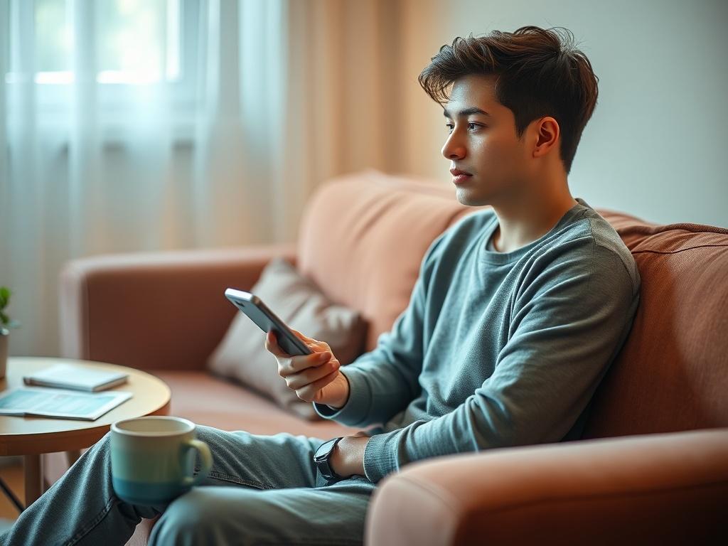 Create a realistic high-resolution photo that visually captures the essence of self-care and introspection following an STD diagnosis while remaining indoors. The composition should feature a single subject—a young adult sitting comfortably on a cozy couch in a warmly lit apartment. The individual, who appears thoughtful and composed, is holding a smartphone in one hand, symbolizing the accessibility of online consultations and resources for diagnosis and treatment. 

The background should be softly blurred