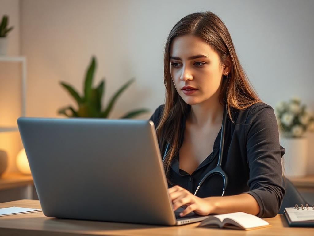 Create a realistic high-resolution photo that captures the essence of online medical consultation for bacterial vaginosis (BV). The image should feature a single, focused subject: a concerned woman sitting at a desk with her laptop open, looking thoughtfully at the screen. She should be in her late twenties to early thirties, with a neutral expression that conveys contemplation about her health. 

The background should be simple and uncluttered; a soft, blurred home office environment with warm lighting, pe