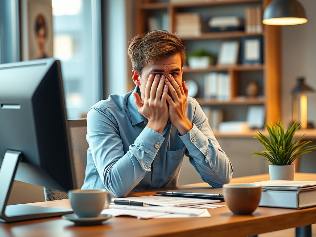 **Prompt for AI Image Generation:**

Create a hyper-realistic high-resolution photo of an embarrassed employee sitting at a modern desk in a well-lit office environment. The employee, a young Caucasian male, should be depicted with a blush on his cheeks and his hands covering his face in a moment of embarrassment. He is wearing a light blue shirt and has tousled hair.

The desk should feature a computer, some scattered papers, a coffee mug, and a small plant to add warmth to the scene. The background should