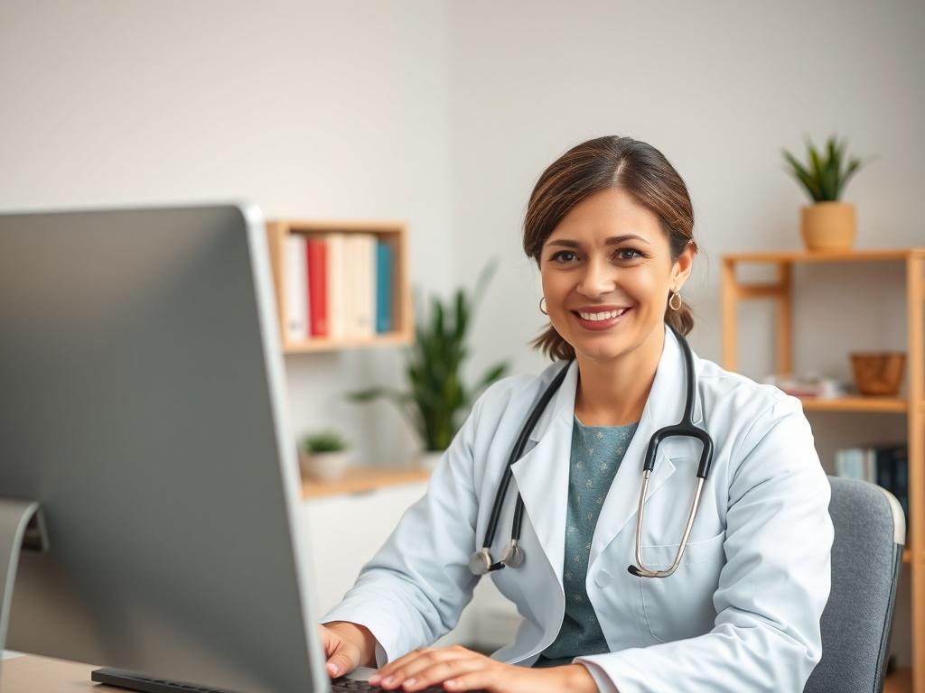 **AI Image Generation Prompt: "How to Choose an Online Weight Loss Doctor"**

Create a realistic high-resolution image that captures the essence of choosing a qualified online weight loss doctor. The composition should be simple and clear, showcasing a single subject: a confident healthcare professional (preferably female) in a telehealth consultation setting. The doctor should be sitting in a bright, welcoming office environment with a computer screen visible, where she is engaging thoughtfully with a pati