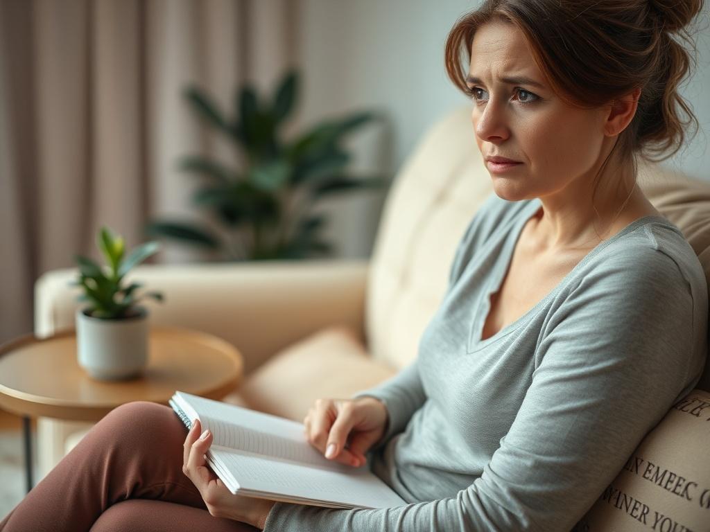 Create a realistic high-resolution photo that depicts a woman sitting thoughtfully on a cozy sofa, holding a notebook in her lap. She has a concerned expression on her face, as if she is reflecting on her experiences with recurrent bacterial vaginosis (BV) despite undergoing treatment. The focus should be on her face to showcase the emotion and depth of the situation. 

The background should be softly blurred to emphasize the subject while still suggesting a warm, inviting living room atmosphere, with soft 