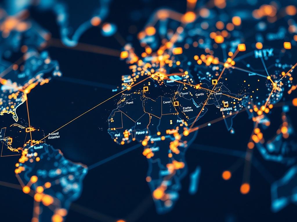 A close-up shot of a digital map with glowing connection lines between different global cities, representing seamless global connectivity. The background should be softly blurred to emphasize the map's details, shot with a 45mm f/1.2 lens.