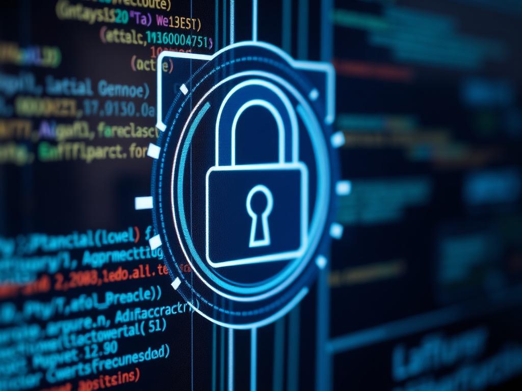 A close-up shot of a digital lock on a screen, symbolizing enterprise-level security. The background shows blurred code and data streams, representing advanced cybersecurity measures. Shot with a 45mm f/1.2 lens.