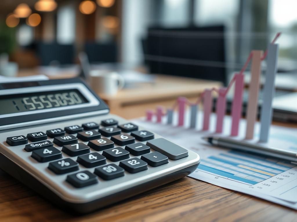 A close-up shot of a calculator and financial graphs, symbolizing cost-effectiveness in business operations. The calculator displays numbers reflecting savings, and the graphs show upward trends, with a blurred office background, shot with a 45mm f/1.2 lens.
