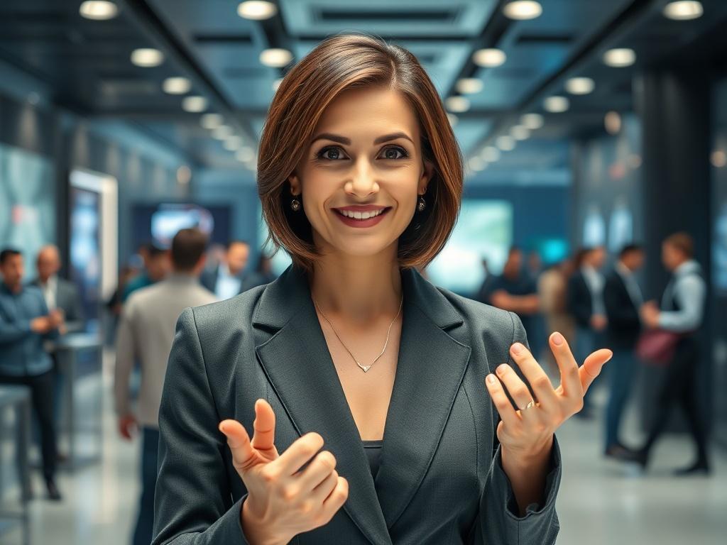 **Prompt for AI Image Generator:**

Create a highly realistic, high-resolution photo featuring a confident and engaging professional – a mid-30s woman with short, stylish brunette hair – standing in front of a sleek, modern office backdrop that reflects the innovative spirit of a tech conference. The woman should be wearing smart business attire, such as a tailored blazer, exuding professionalism and approachability. She is gesturing lively, showcasing how she is excited to connect with attendees at the Web Summit Lisbon 2025.

The background should feature a soft-focused view of a dynamic conference scene, with hints of technology and networking activities taking place, such as people interacting with digital displays, but should not distract from the main subject. Ensure lighting is bright and inviting, emphasizing a sense of collaboration and innovation.

The image should capture the essence of opportunity and engagement as HyperCloud invites attendees to discover what they have in store at Web Summit. Avoid any text or abstract shapes in the image, focusing solely on the individual and the engaging atmosphere of the event. The color palette should be influenced by the primary color rgb(27, 156, 67) to maintain brand consistency.