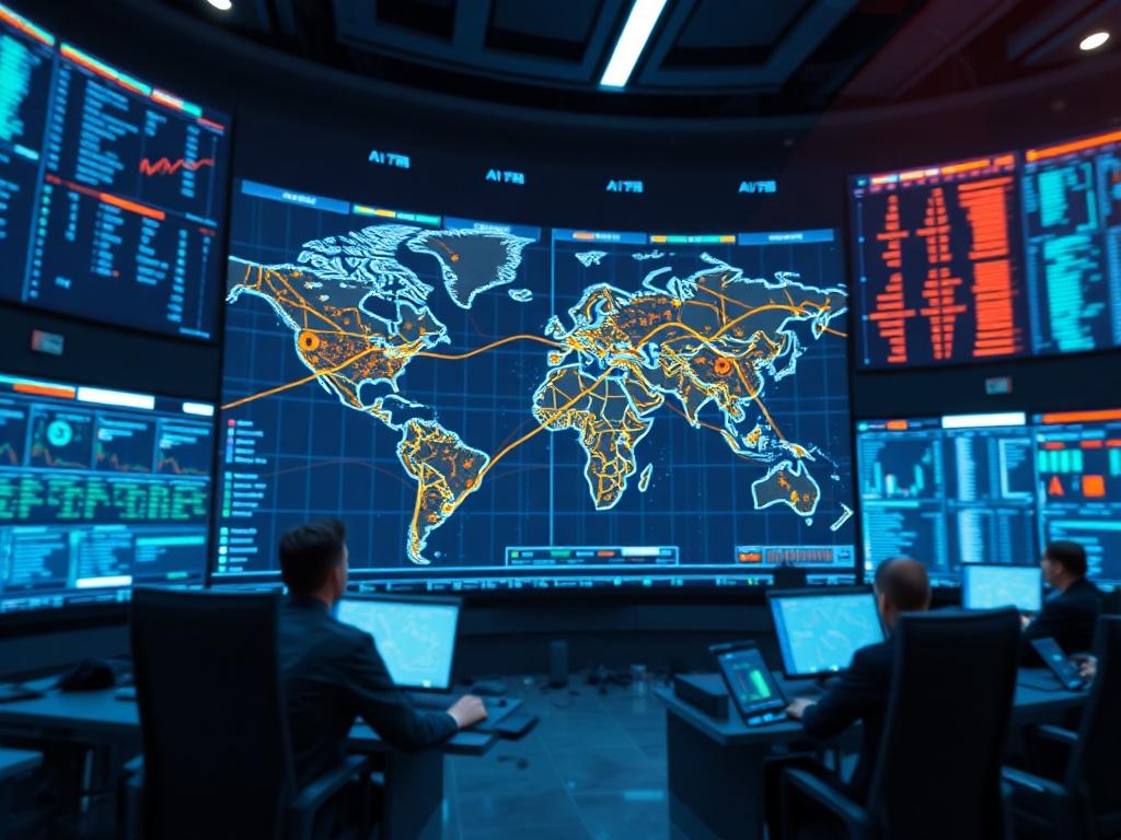 A hyper-realistic close-up shot of a futuristic control room filled with advanced screens displaying real-time data and AI algorithms. The central focus is on a large screen showcasing a complex routing map with highlighted optimal paths. The background features operators engaged in monitoring and analyzing data, symbolizing the intelligence behind routing decisions. The image conveys the cutting-edge technology and AI capabilities that drive efficient, reliable, and cost-effective networking for businesses