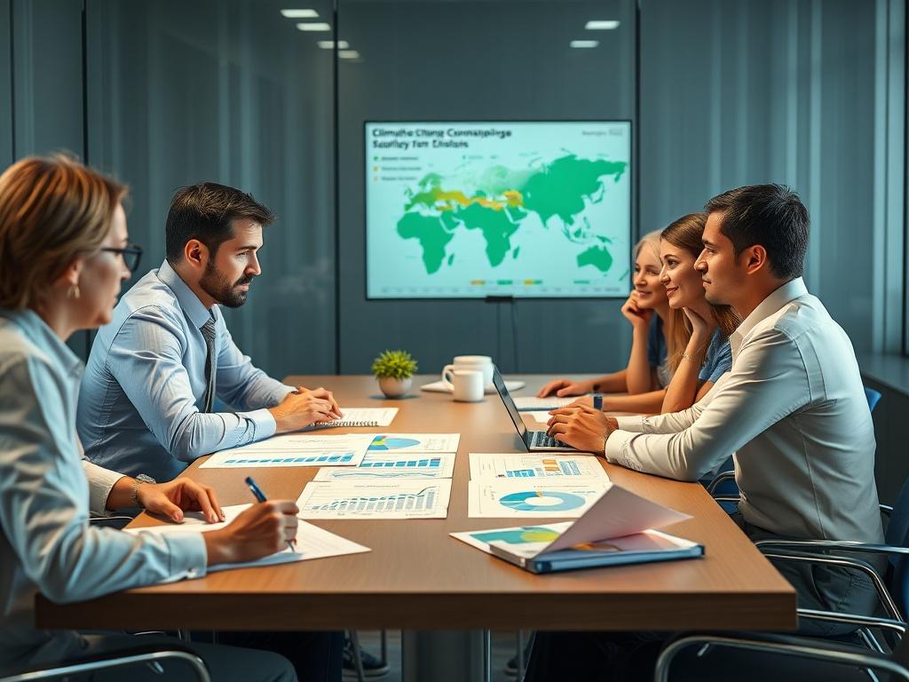 An image capturing a diverse group of professionals discussing climate