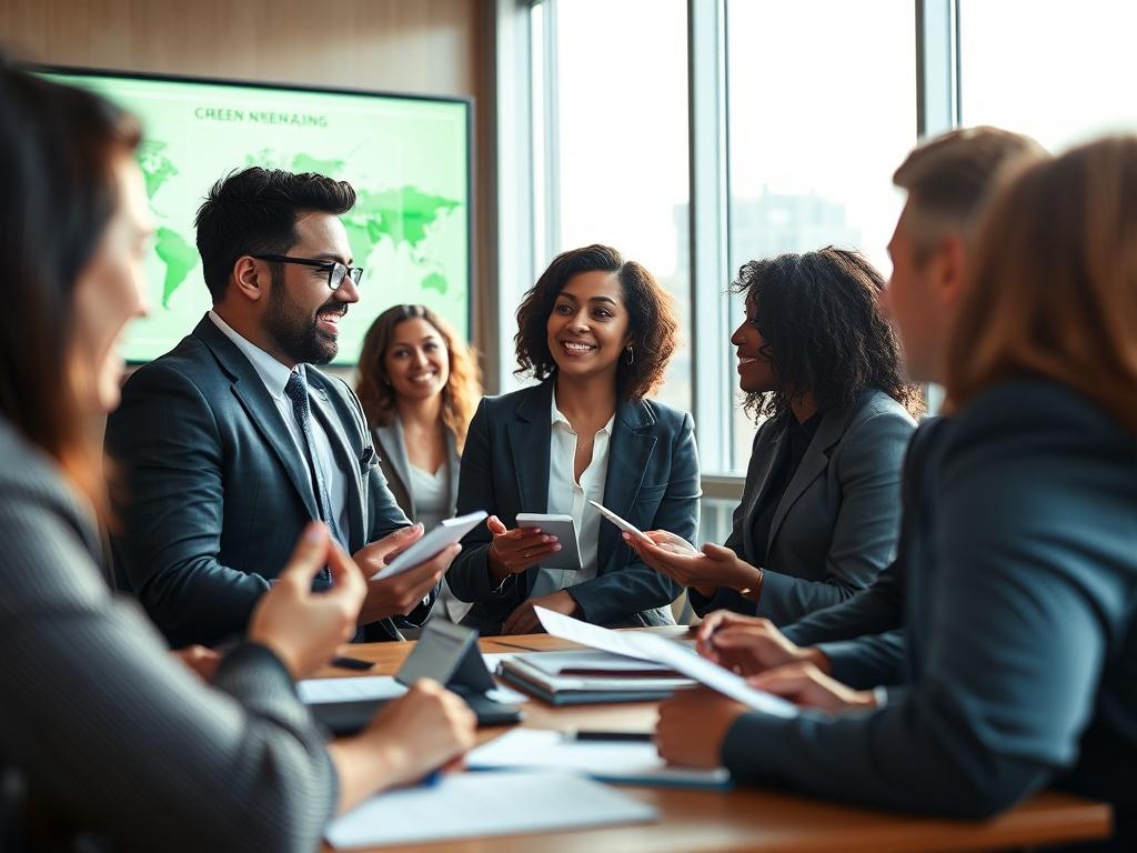 A close-up shot of a diverse group of professionals in a modern conference room, engaged in a dynamic discussion about clean energy investment opportunities. The focus is on a confident speaker presenting ideas with enthusiasm, while audience members take notes and ask questions. The background features a large screen displaying green energy graphics, with natural light streaming in from large windows, creating an inspiring atmosphere. The overall composition is clear and well-lit, emphasizing collaboration