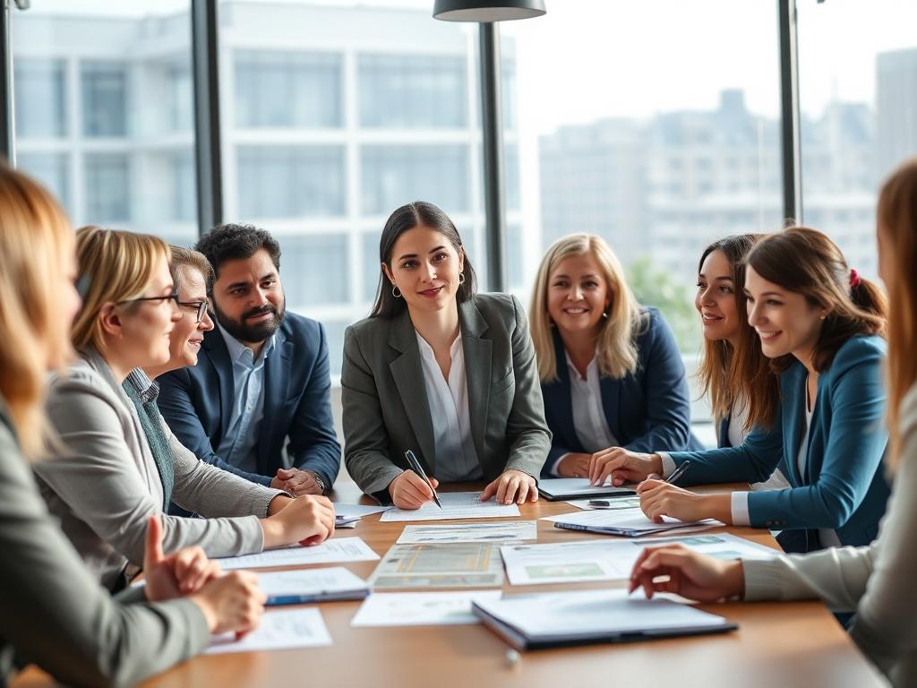 A close-up shot of a diverse group of professionals engaged in a lively discussion around a conference table. The focus is on a female researcher presenting her findings on clean energy solutions, with visual aids and documents scattered on the table. The background should show a modern conference room with large windows, allowing natural light to filter in, highlighting the collaborative atmosphere. The image should convey a sense of innovation and teamwork, with participants actively listening and taking 