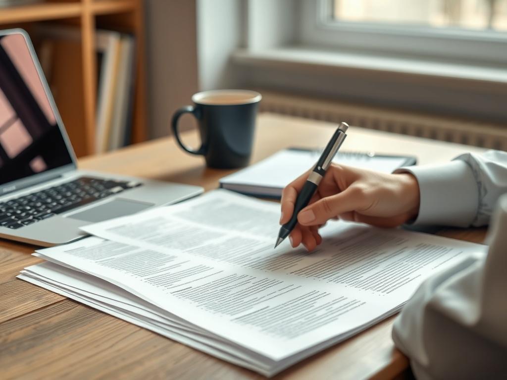 A close-up shot of a person reviewing academic papers on a desk, with a laptop and a coffee cup in the background. The person is focused, looking at the documents with a pen in hand, symbolizing the importance of academic integrity and publication. The setting is well-lit, with a clean, organized workspace that conveys professionalism. The primary color scheme includes tones of brown and gold to align with the rgb(122, 86, 4) color.