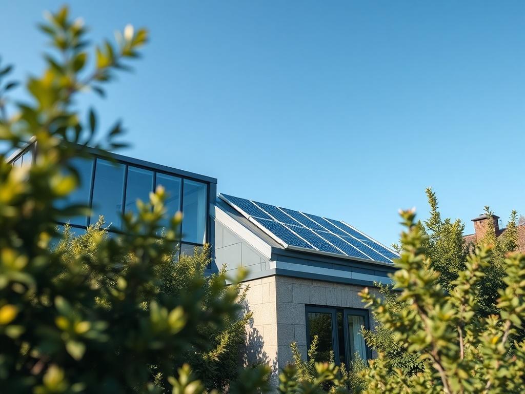 A realistic high-resolution photo of a modern energy-efficient building surrounded by greenery, showcasing solar panels on the roof and energy-efficient windows, with a clear blue sky in the background. The image should capture the essence of sustainability and innovation in clean energy.