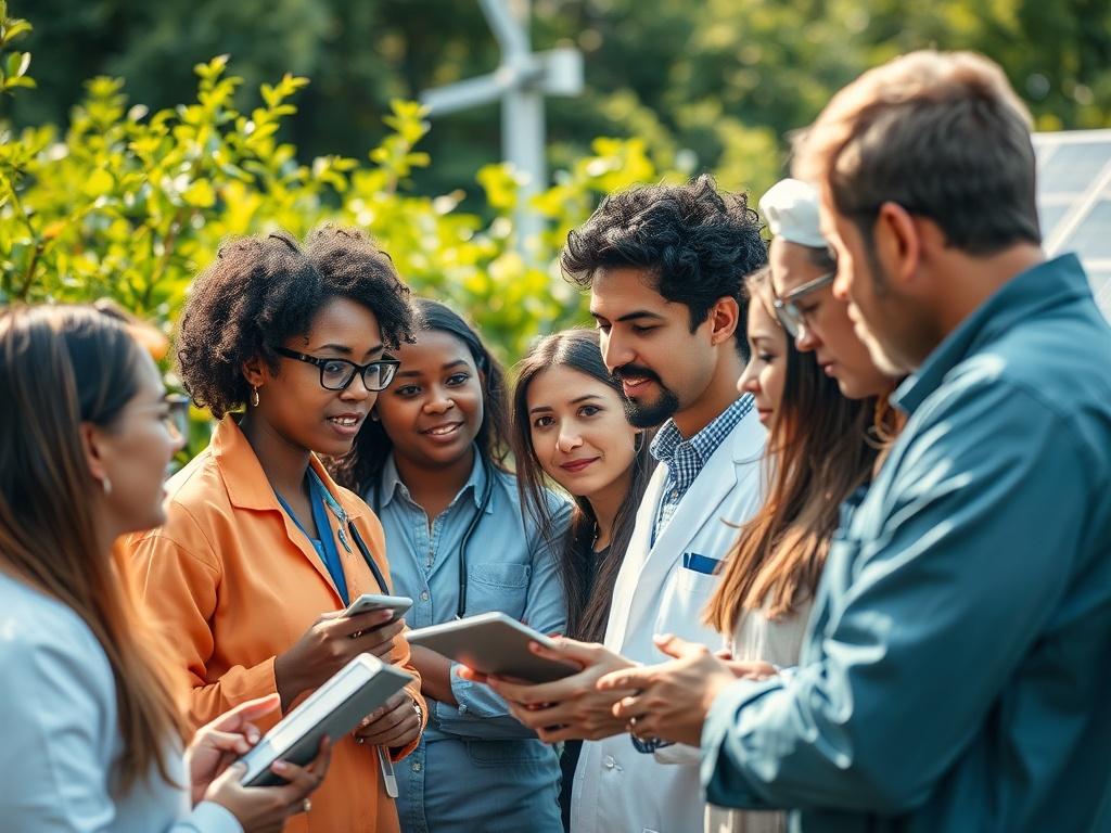 A close-up shot of a diverse group of researchers discussing environmental health issues, with a backdrop of lush greenery and clean energy technologies. The scene captures their engagement and collaboration, showcasing a harmonious blend of nature and innovation. The lighting is bright, emphasizing the positive impact of clean energy on society, with warm tones reflecting hope and sustainability.