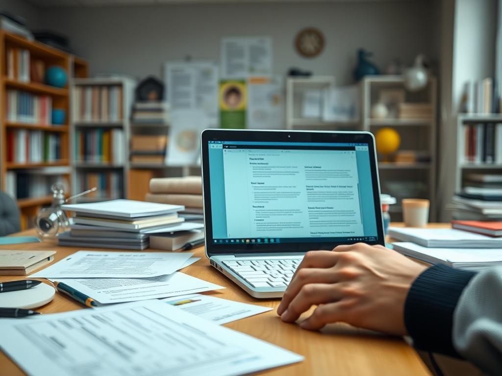 A focused shot of a researcher reviewing their abstract submission on a laptop, with notes and research materials spread out on the desk. The background shows a bright workspace filled with books and resources related to clean energy. The image emphasizes the dedication and effort put into academic work, portrayed in hyper-realistic detail.