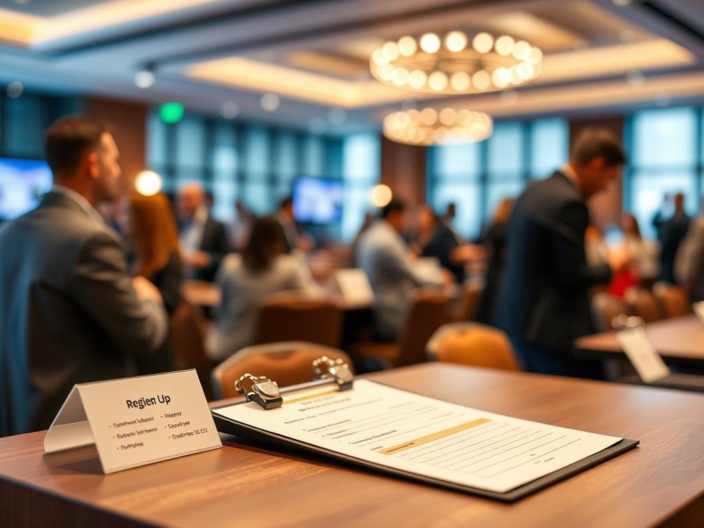 A close-up shot of a conference registration desk with a warm and inviting atmosphere, featuring a sign-up sheet and name tags. The background includes blurred images of attendees engaging in discussions, creating a sense of community and collaboration. The overall tone is professional yet welcoming, captured in hyper-realistic detail, with a focus on the registration process.
