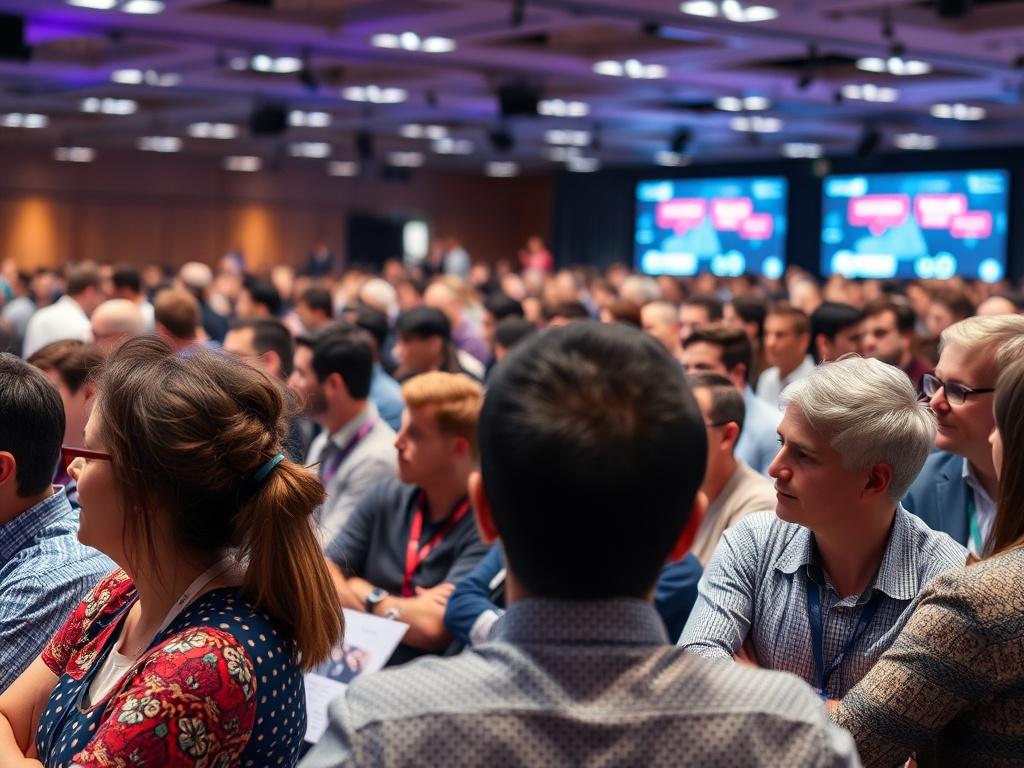 A vibrant conference setting with attendees engaged in discussions, showcasing the diversity of participants. The image captures a moment of interaction between speakers and audience members, highlighting the dynamic nature of the conference. The atmosphere is filled with anticipation and collaboration, presented in hyper-realistic detail.