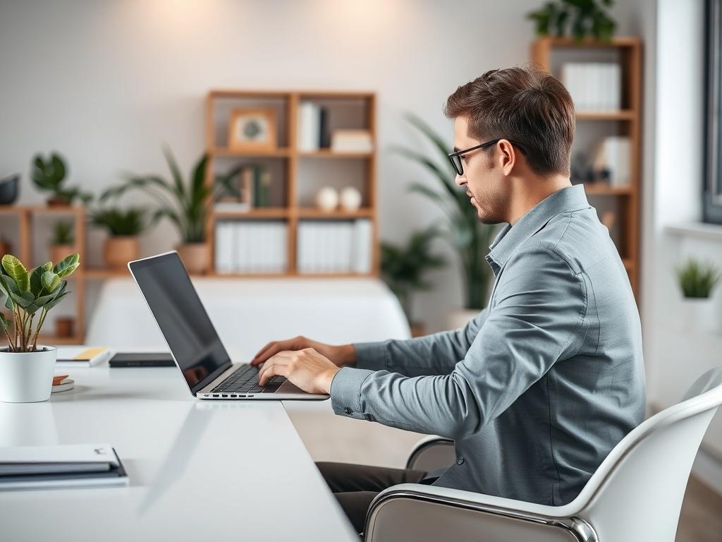 A high-resolution image of a person sitting at a modern desk, engaging in a virtual conference on a laptop. The background should be a well-lit, minimalistic office space with plants, books, and a clean aesthetic. The person should appear focused and engaged, wearing professional attire. The overall composition should convey a sense of professionalism and modernity, emphasizing the virtual aspect of the conference.