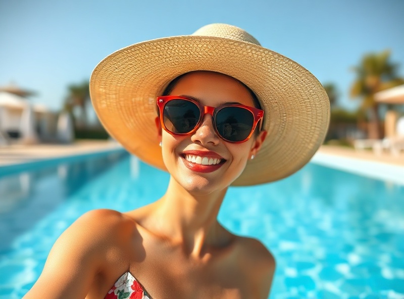 Pool party summer style with sunglasses and hat