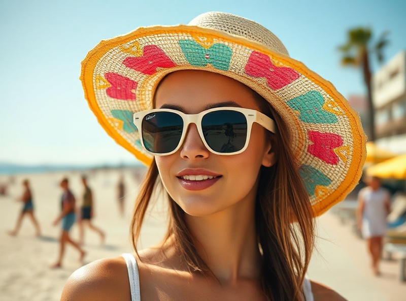 Urban street style with trendy sunglasses and colorful summer hat