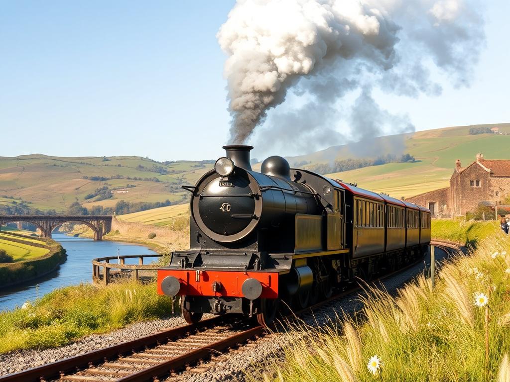 **AI Image Generation Prompt:**

Create a highly detailed, realistic high-resolution photo that captures the essence of the blog titled "Exploring the Tees Valley Line: A Journey to Remember." The composition should be simple and clear, featuring a single subject: a vintage steam train gracefully passing through a picturesque landscape along the Tees Valley Line. The train should be richly detailed, showcasing intricate textures, steam billowing dramatically from its chimney.

The background should display 