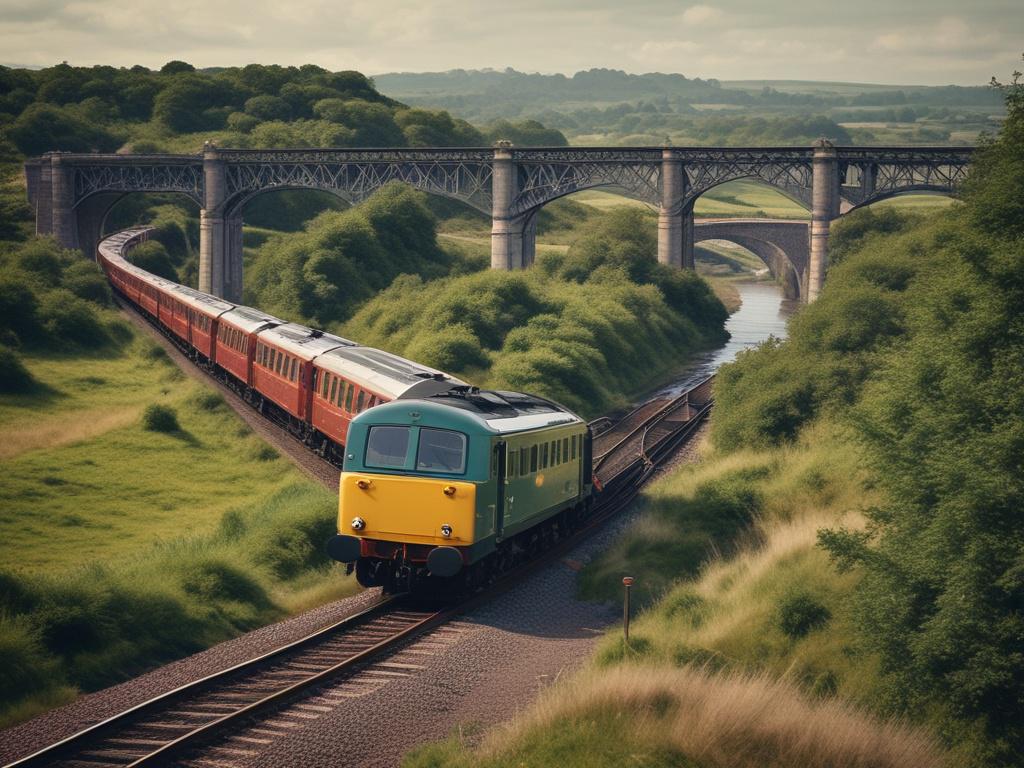 Create a highly detailed, realistic high-resolution photo capturing a single, beautifully designed vintage train traveling along the Tees Valley Line. The train should be the clear focal point, showcasing its distinctive features and rich colors that contrast against a vibrant landscape. The scene should depict the lush greenery and rolling hills typical of the Tees Valley, with hints of historic landmarks peeking through the background to emphasize the area's rich history. Use soft natural lighting to crea