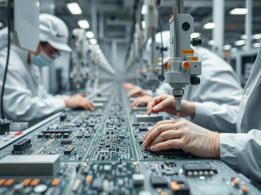 A detailed close up of a PCB assembly line, showcasing