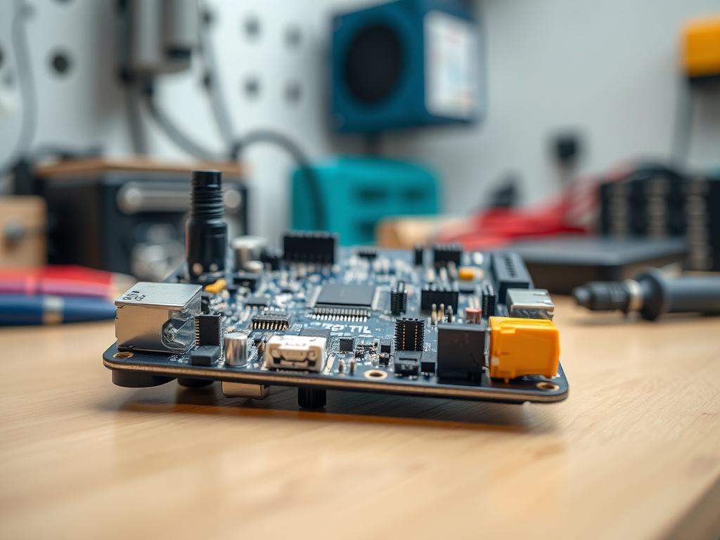 A close up shot of a prototype PCB with various