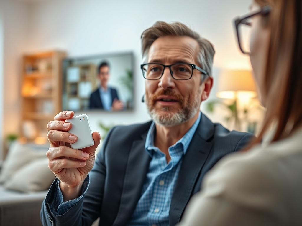 A close-up shot of a consultant discussing smart home solutions with a client via video call. The consultant appears engaged and professional, showcasing a sample smart device in hand. The background is a modern home setting, with subtle hints of smart technology in the environment. The image should be hyper-realistic, captured with a 45mm f/1.2 lens style, focusing on the consultant's expression and the device.