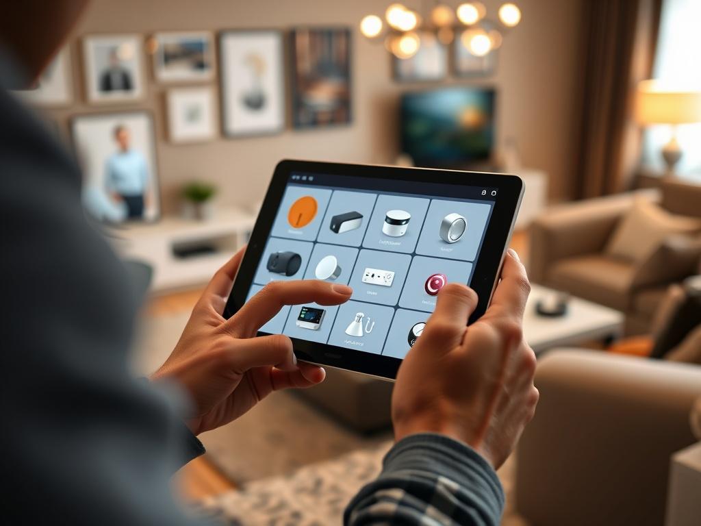 A hyper-realistic close-up of a user interacting with a smart home app on a tablet, showing various connected devices on the screen. The background features a stylish living room with visible smart devices. The image should be shot with a 45mm f/1.2 lens style, emphasizing the interaction and modern home technology.
