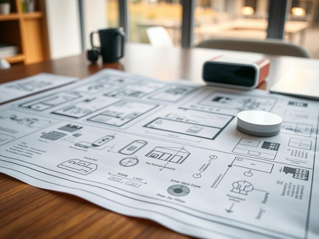 A close-up shot of a home automation design blueprint spread out on a table, with a smart device nearby. The image showcases detailed diagrams and notes, illustrating the integration of various smart home elements. The background should have a modern, well-lit workspace. The image should be hyper-realistic, captured with a 45mm f/1.2 lens style, focusing on the blueprint and device.