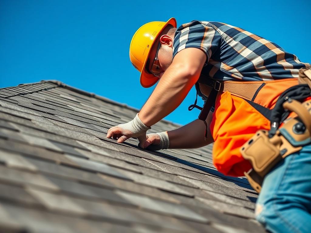 A close up shot of a professional roofing contractor installing