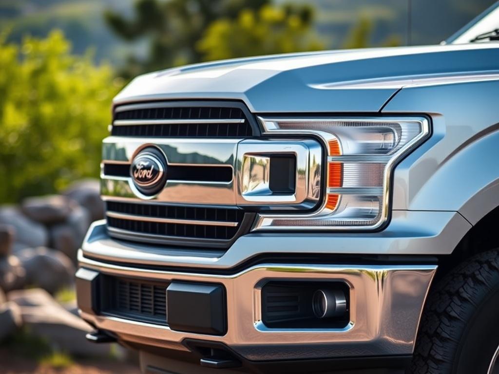 A realistic high-resolution close-up shot of a 2019 Ford F-150 XLT parked in an outdoor setting. The truck should be prominently displayed, showcasing its sleek design and chrome accents. The background should be a scenic landscape, emphasizing the truck's rugged appeal, with soft-focus greenery surrounding it. The lighting should highlight the truck's features, with a focus on the front grille and headlights.