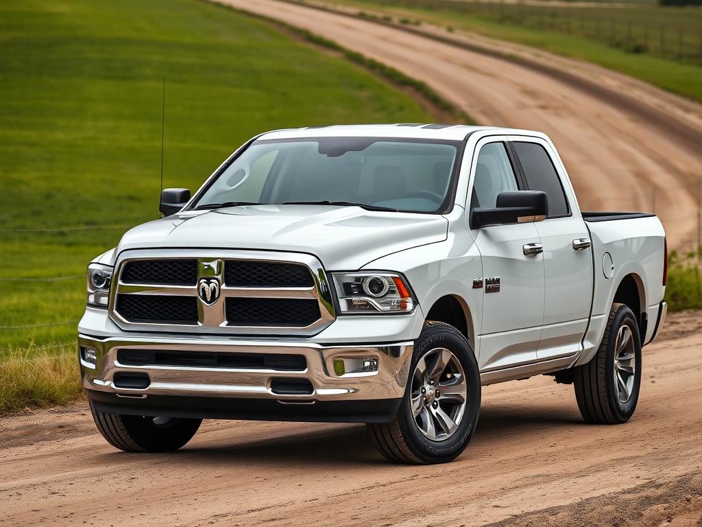 A highly detailed, realistic high-resolution photo of a Dodge Ram 1500 pickup truck, prominently displayed in a clear and simple composition. The truck should be the sole subject, showcasing its bold design and powerful stance. The background should be a natural outdoor setting, perhaps a lush green field or a rugged dirt road, complementing the truck's features. The image should emphasize the truck's sleek body lines and robust grille, captured with a 45mm f/1.2 lens style.