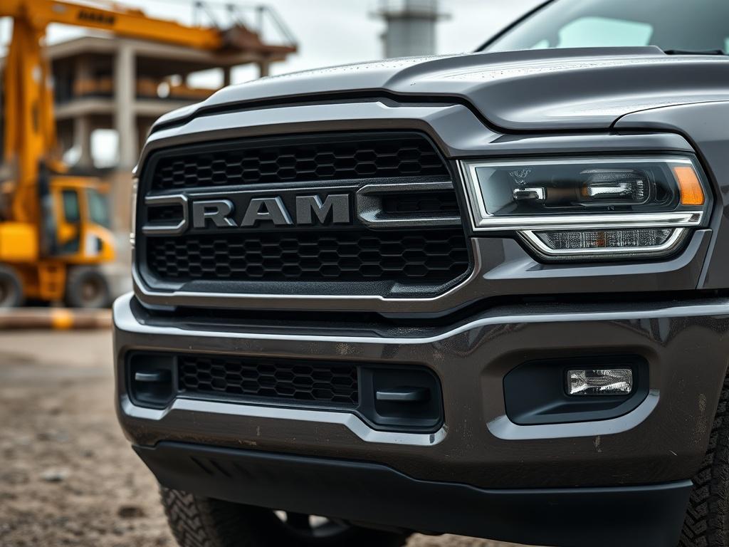 A hyper-realistic close-up shot of a 2019 Dodge Ram 2500 on a construction site, showcasing its muscular build and distinctive grille. The background features a blurred view of construction equipment, emphasizing its work-ready capabilities. The image should reflect the truck's design, strength, and functionality.