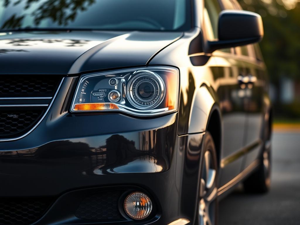A hyper-realistic close-up shot of a 2019 Dodge Grand Caravan, showcasing its sleek exterior and spacious interior design. The image should be well-lit, highlighting the vehicle's details such as the headlights and the contours of the body. The background should be softly blurred to keep the focus on the minivan, capturing the essence of a family-friendly vehicle in a suburban setting.
