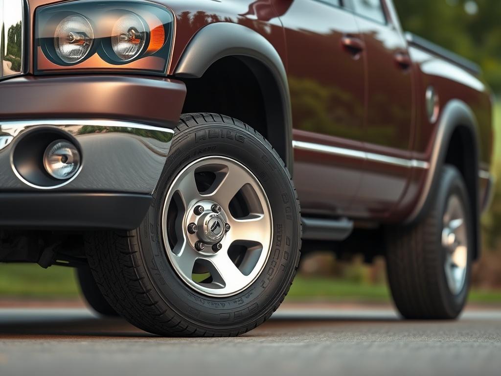 A hyper-realistic close-up shot of a 2007 Dodge Ram 1500, focusing on the detailed representation of its wheels. The truck should be parked on a smooth surface, showcasing its robust and muscular build. The background should be blurred to emphasize the truck, with a hint of greenery to complement the primary color of rgb(50, 170, 39). The image should capture the essence of power and durability that the Dodge Ram is known for.