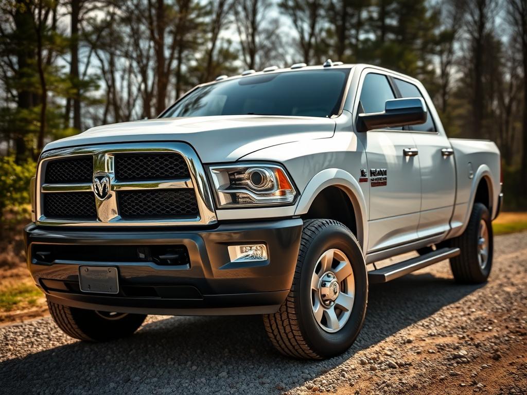 A hyper-realistic close-up shot of a 2016 Dodge Ram 2500 pickup truck. The truck is parked on a gravel road with trees in the background, showcasing its bold front grille and muscular design. The sunlight highlights the truck's glossy paint, emphasizing its rugged yet sophisticated look. The image is taken with a 45mm f/1.2 lens to create a blurred background effect, focusing on the truck.