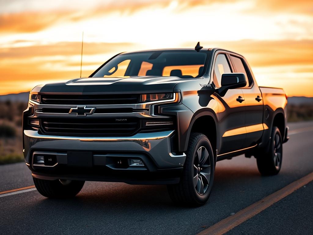 A hyper-realistic close-up shot of a 2023 Chevrolet Silverado 1500 parked on an open road, showcasing its sleek profile and modern design. The truck should be centered in the frame, with a blurred background of a picturesque sunset, enhancing its striking appearance and emphasizing its ruggedness.