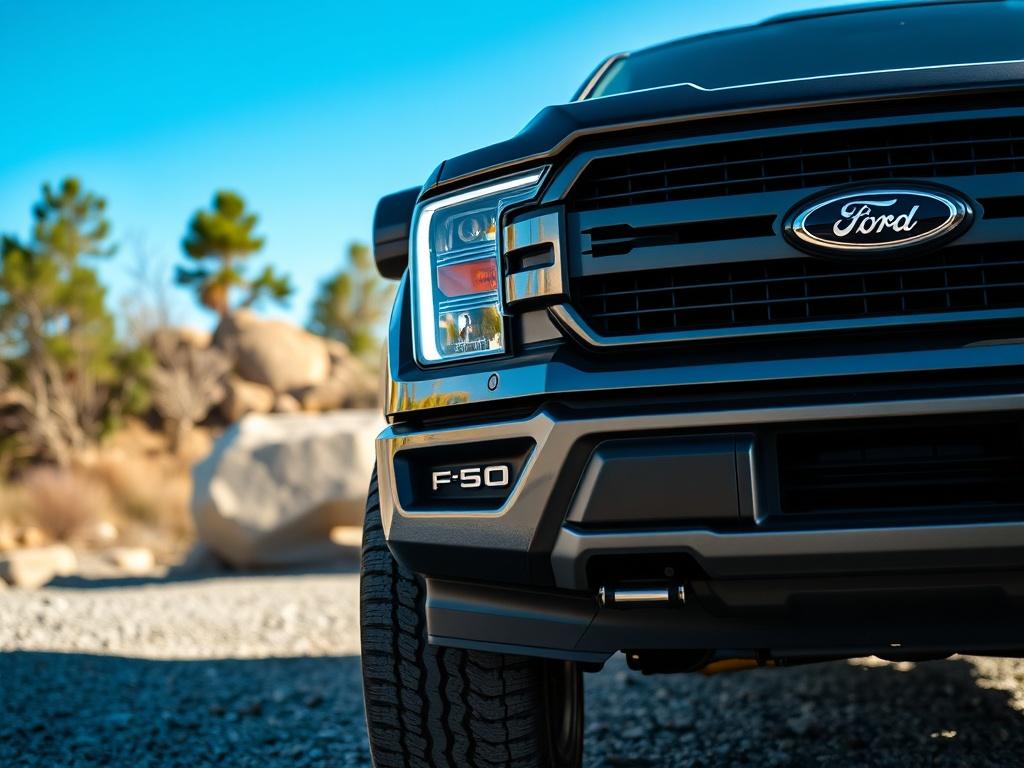 A hyper-realistic close-up shot of a 2023 Ford F-150 parked against a rugged outdoor backdrop. The truck should be prominently displayed, showcasing its bold design and features. The background should include hints of nature, like trees and a clear blue sky, while the focus remains on the truck's details, emphasizing its robust exterior and iconic grille.