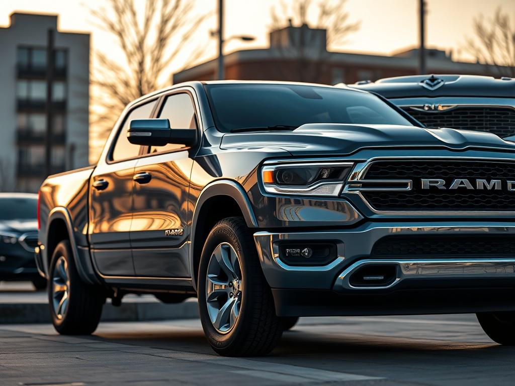 A hyper-realistic close-up shot of a 2023 Ram 1500 parked in an urban environment, highlighting its sophisticated design and premium features. The truck should be captured in the golden hour, with soft lighting that accentuates its curves and details, creating an inviting and luxurious appearance.