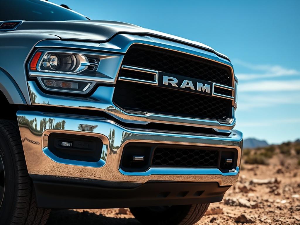 A realistic close-up shot of a 2019 Dodge Ram 2500. The truck is parked on a rugged terrain with a clear blue sky in the background. The focus is on the front profile of the truck, showcasing its bold grille, strong headlights, and muscular design. The shot should highlight the truck's robust features while capturing the essence of its heavy-duty capability. The image should be rendered in hyper-realistic detail, with an emphasis on the truck's metallic paint and distinct lines.