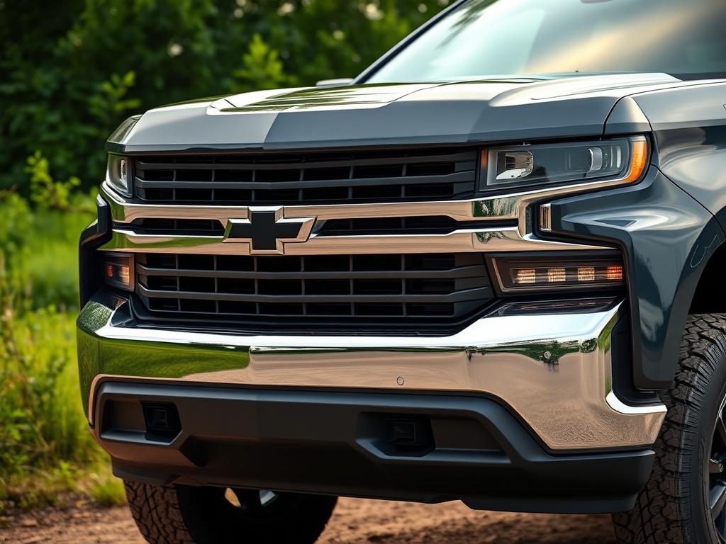 A hyper-realistic close-up shot of a 2023 Chevrolet Silverado 1500 pickup truck, highlighting its bold front design and muscular stance. The truck is set in an outdoor environment, surrounded by greenery, emphasizing its rugged features and modern aesthetics. The image captures the truck's details with sharp focus and vibrant colors.