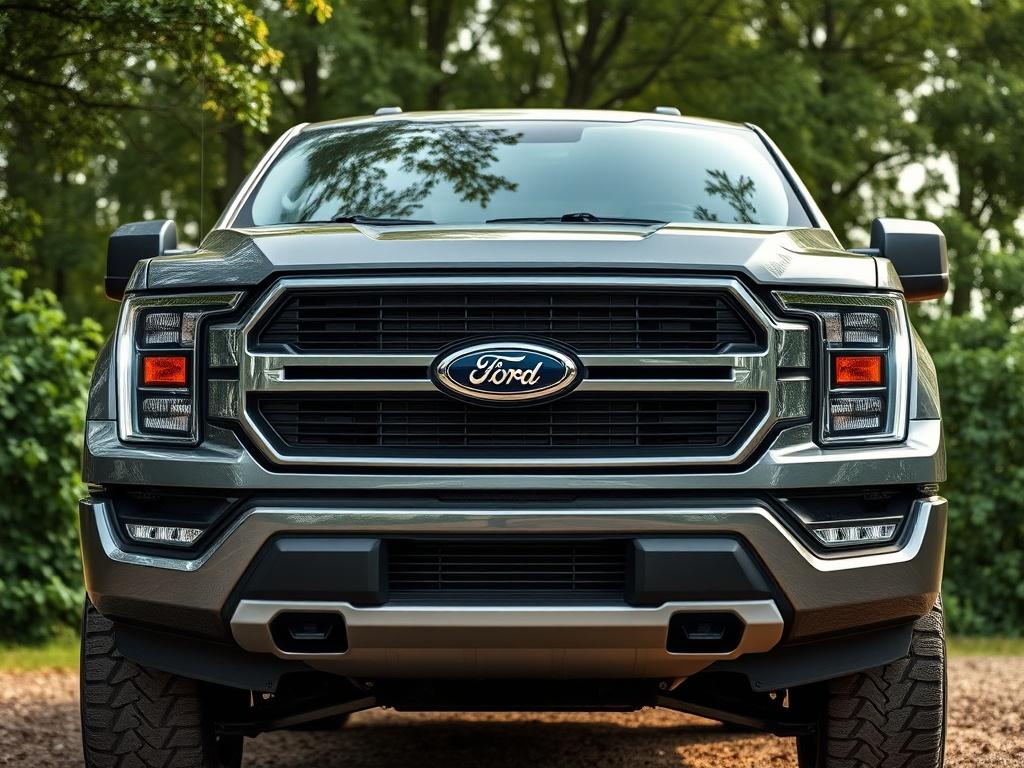 A hyper-realistic close-up shot of a 2023 Ford F-150 pickup truck, showcasing its bold front grille and sleek lines. The truck is parked against a natural background of green trees, with an emphasis on its rugged exterior and modern design elements. The lighting highlights the truck's shiny surface and details, making it the focal point of the image.
