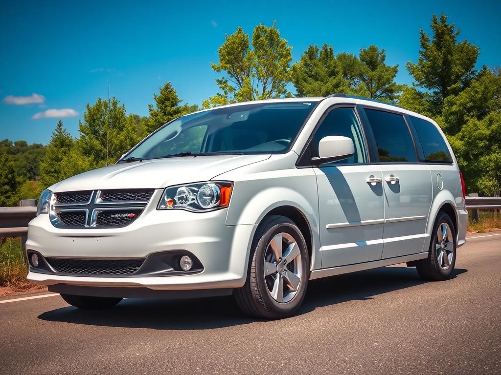 A realistic high-resolution photo of a 2019 Dodge Grand Caravan, showcasing its sleek exterior design. The van is parked on a scenic road, with a clear blue sky and lush green trees in the background. The focus is on the front and side profile of the vehicle, highlighting its spacious and modern design. The image should be vibrant and shot with a 45mm f/1.2 lens style, ensuring a hyper-realistic look.
