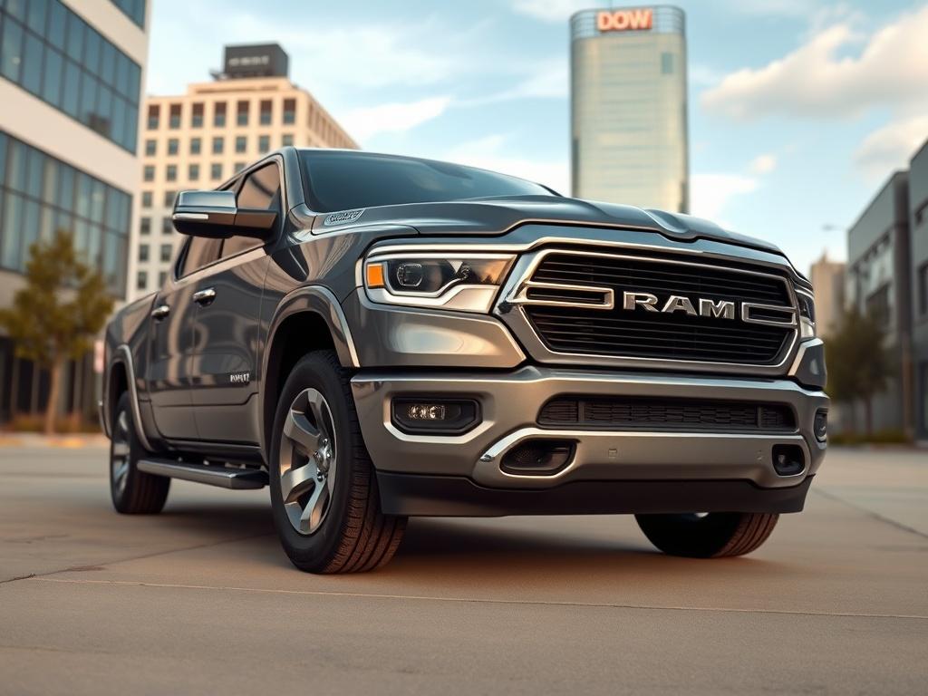 A close up shot of a Ram pickup truck, focusing