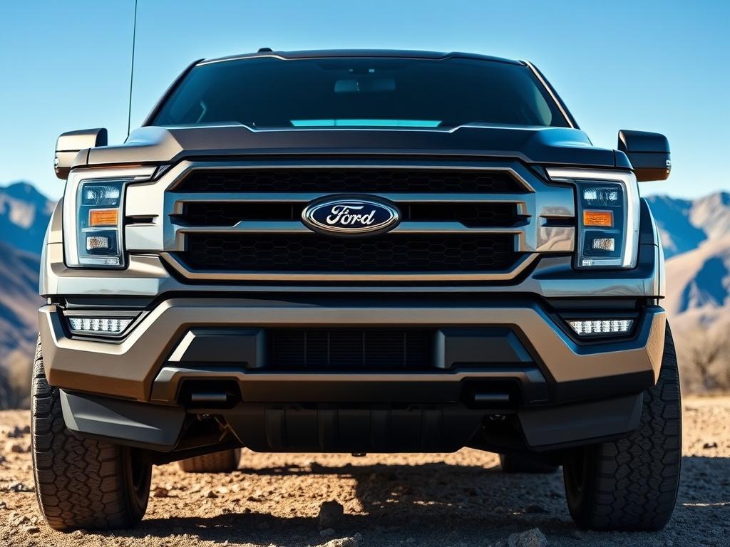 A close up shot of a Ford F pickup truck,