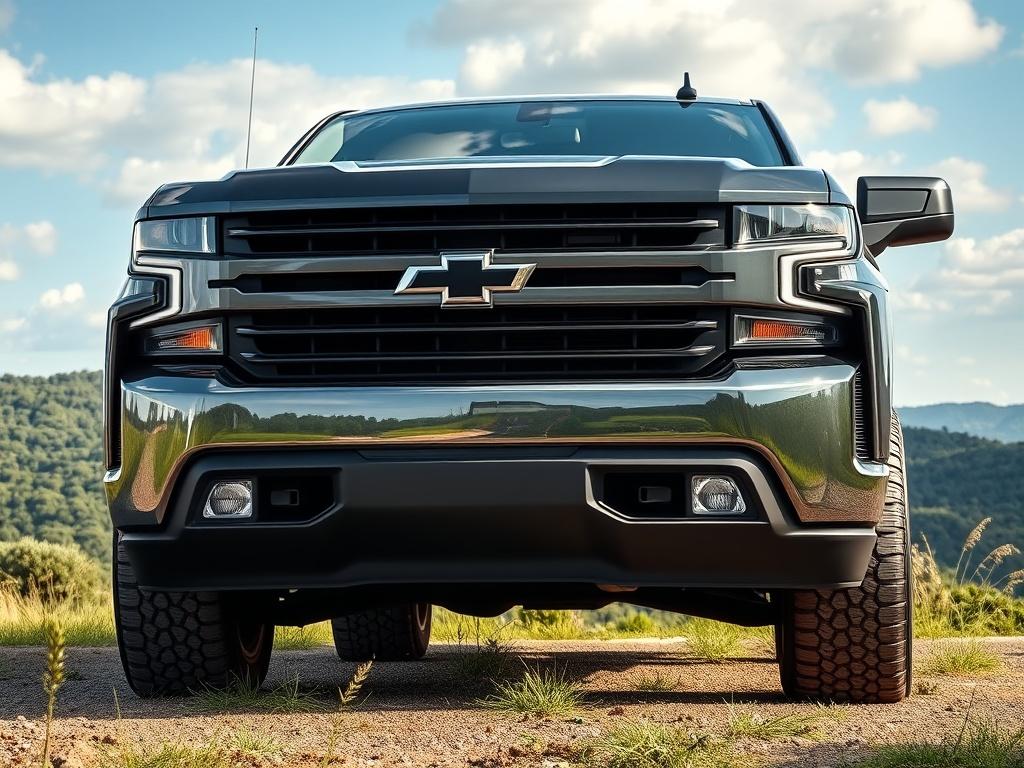 A close up shot of a Chevrolet Silverado pickup truck,