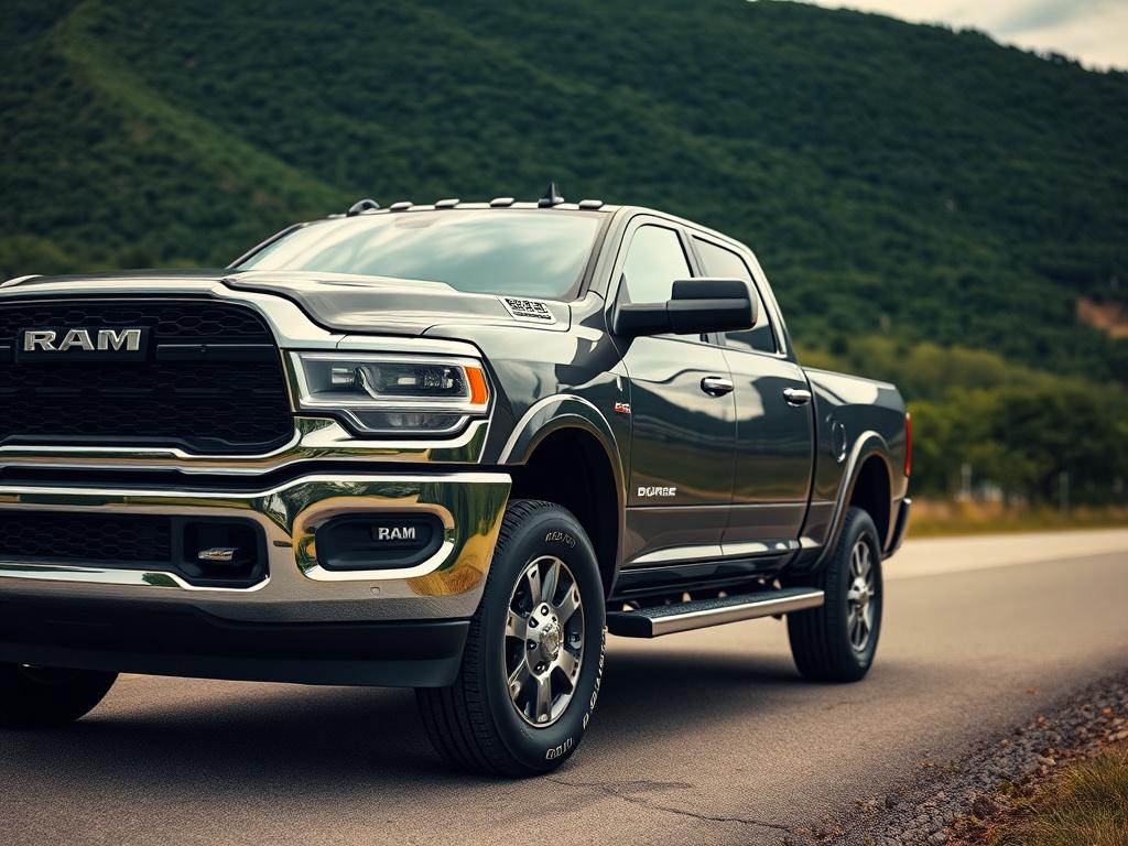 A close-up shot of a 2019 Dodge Ram 2500 parked on a scenic road, highlighting its powerful build and sleek design. The background features a lush green landscape, emphasizing the truck's ruggedness and capability. The image should be hyper-realistic, captured with a 45mm f/1.2 lens to create a shallow depth of field, ensuring the truck stands out crisply against the soft, blurred background.