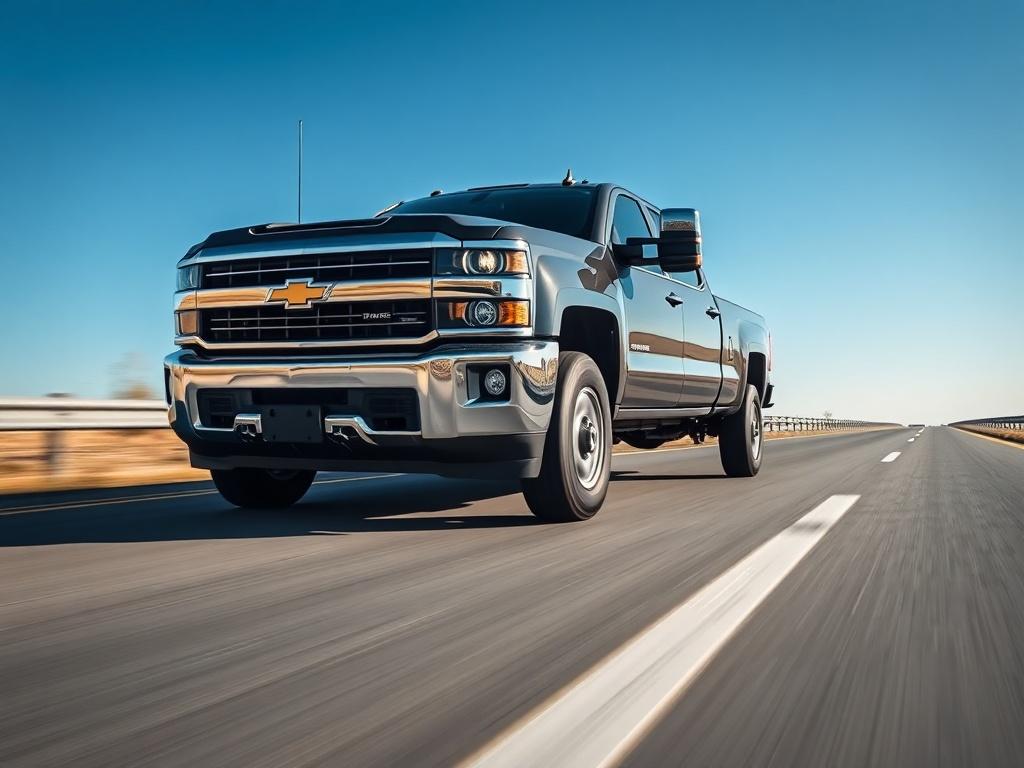 A captivating close-up of a 2019 Chevrolet Silverado 2500HD on a highway. The truck is in motion, showcasing its sleek design and bold front end. The open road stretches ahead, symbolizing freedom and adventure. The lighting captures the truck's detailed exterior, making it stand out against the backdrop of a clear blue sky.
