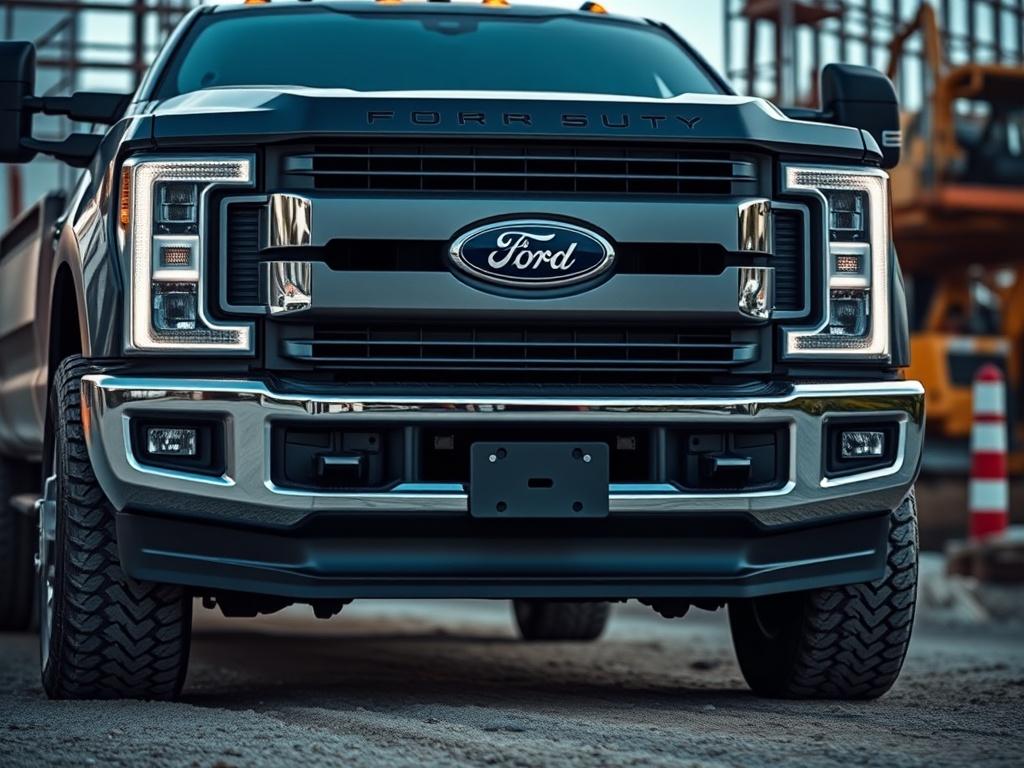 A striking close-up of a 2019 Ford F-250 Super Duty parked on a construction site. The truck’s bold front grille and aggressive stance are highlighted, with construction equipment in the background. The image captures the essence of power and ruggedness, showcasing the truck's robust build. The lighting emphasizes the truck's features, creating a professional and dynamic atmosphere.